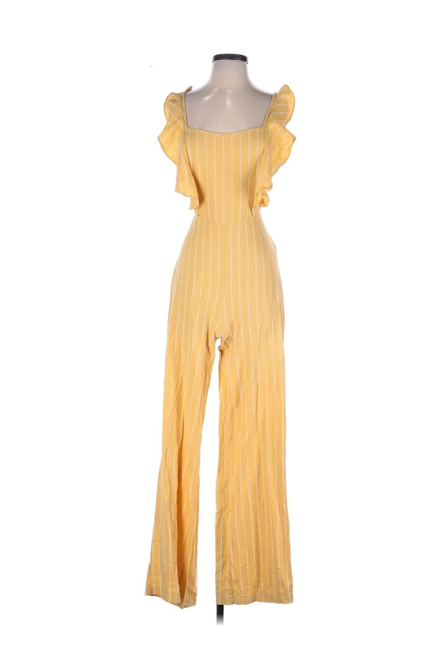 leRumi Size XS Yellow Striped Print Ruffle Linen & Cotton Boot Leg Jumpsuit $153